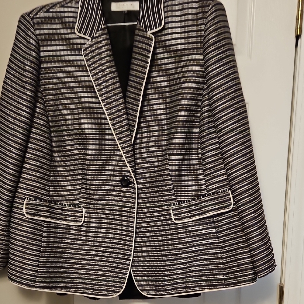 Tahari Black and White Striped Blazer and matching black skirt